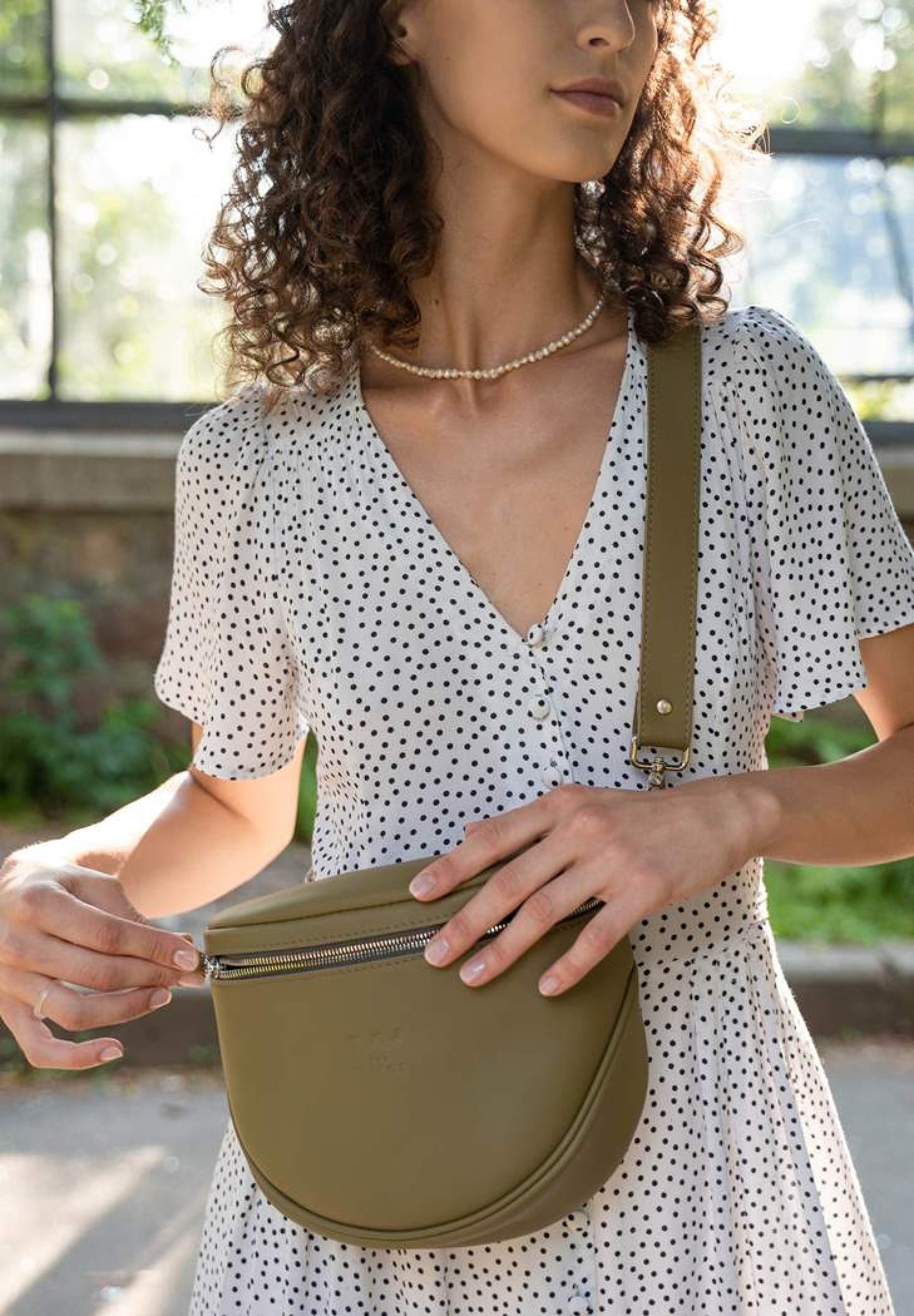 A woman in white dress is wearing olive crossbody bag, Women's Leather Bags, Handmade Leather Bags, Handmade Women's Leather Bags, Personalized Bags, Personalized Gifts, Handmade Genuine Leather Bag, Leather Accessories, Handmade Leather Accessories